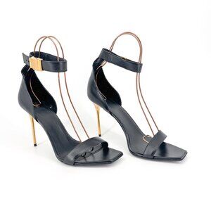 Balmain Uma Black Leather Gold Buckle Strap Sandals Heels Shoes Size 42 US 12